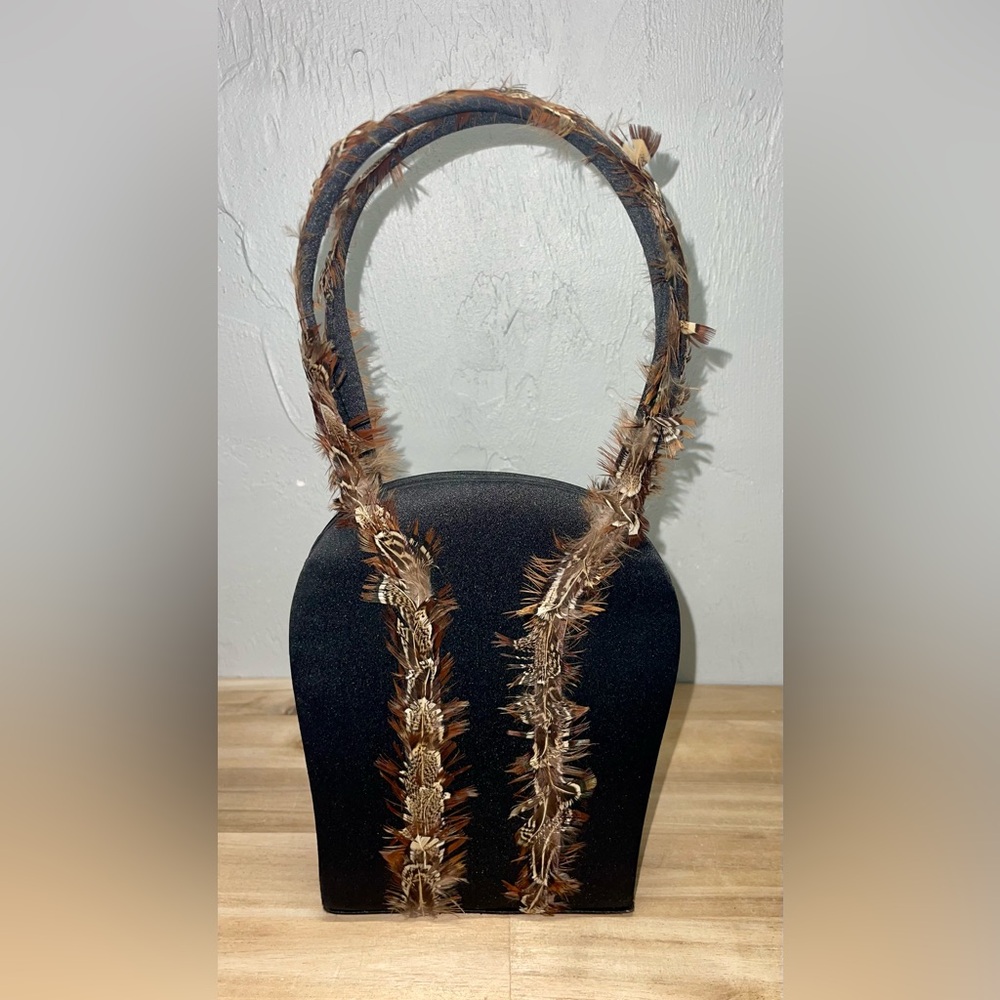 VTG Julie Feldman Purse Black Satin With Brown Chinchilla Feathers One Of A Kind